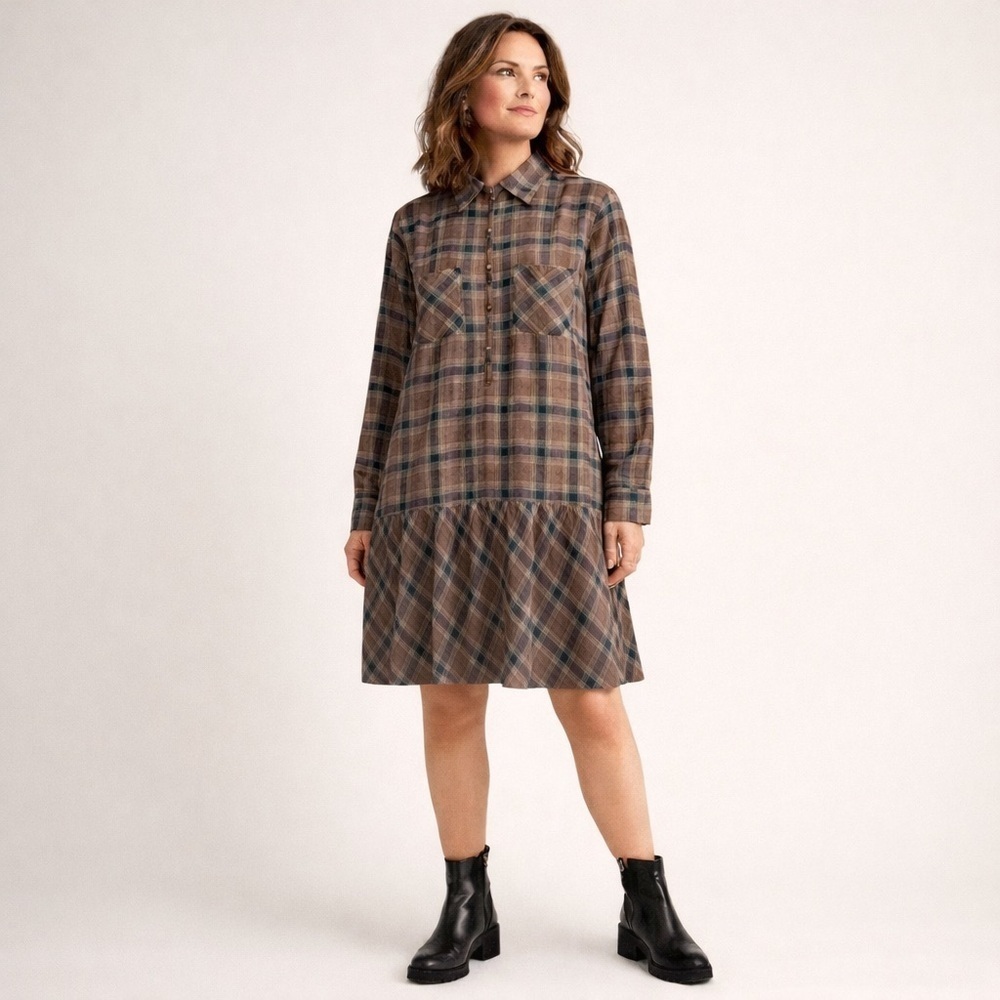 Soft Surroundings Plaid Zip Front Shirt Dress XL Brown Blue Above Knee